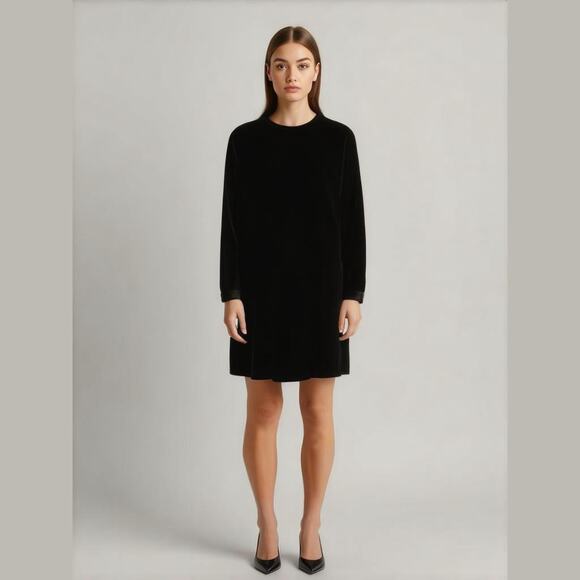 Eileen Fisher Small System Long Sleeve Knee Length Dress Black Velvet Silk Blend - Picture 9 of 9